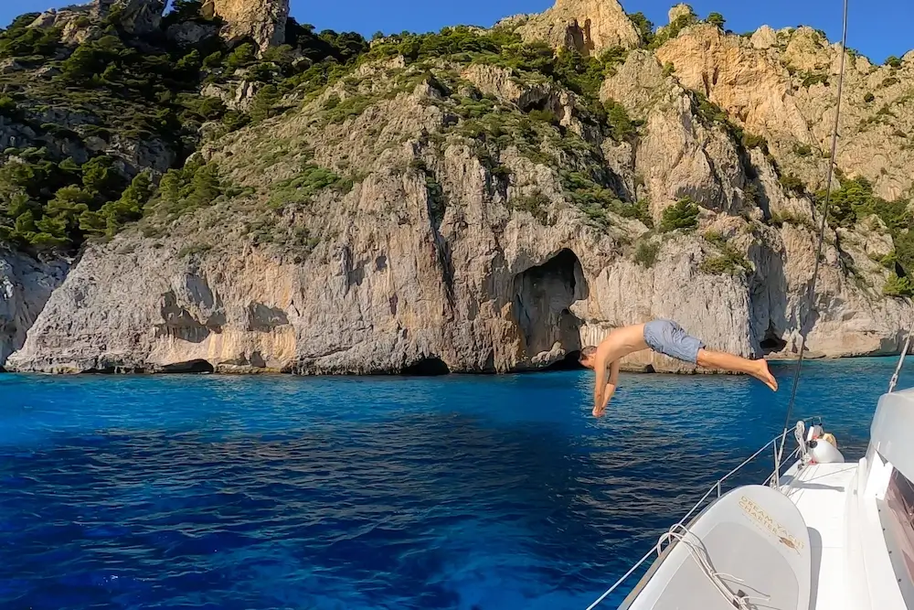 Catamaran leaving the Bay of Naples at the start of an Amalfi Coast charter