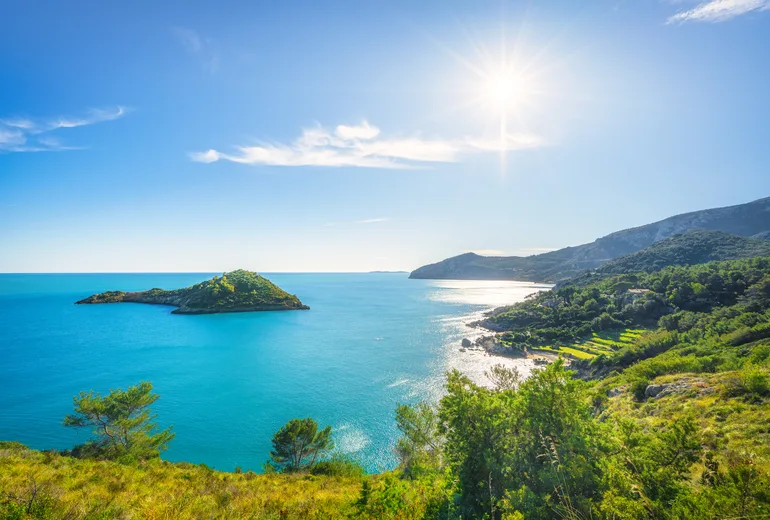 A wooded islet in a calm turquoise bay along a forested coastline