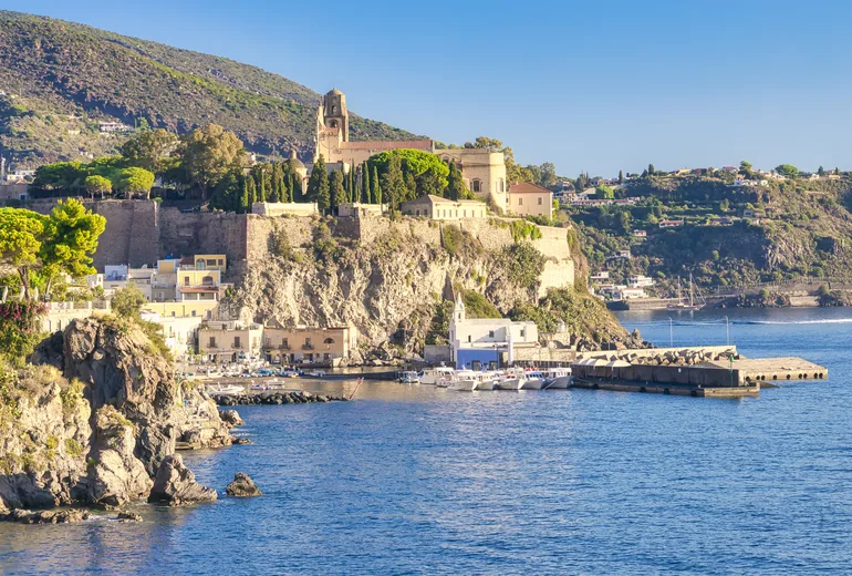 Lipari citadel and cathedral above the harbour, Aeolian Islands