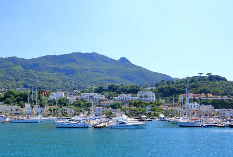 Sailboats and motor yachts moored in an Italian island marina beneath a green mountain