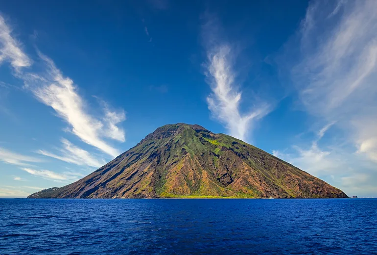 Stromboli volcano rising from the open sea